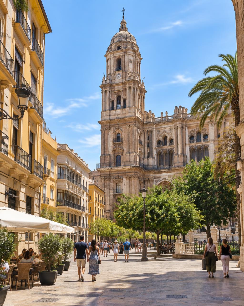 Málaga cathedral and a sunlit pedestrian plaza