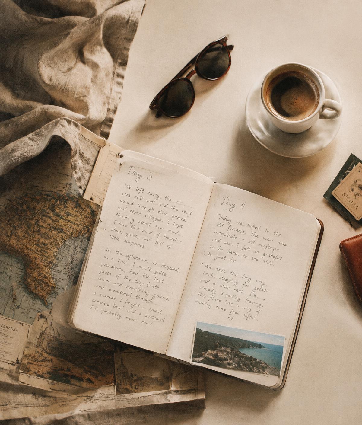 Travel journal, map and espresso